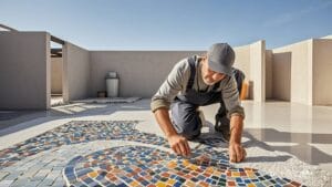 Workers are working on mosaic tiles