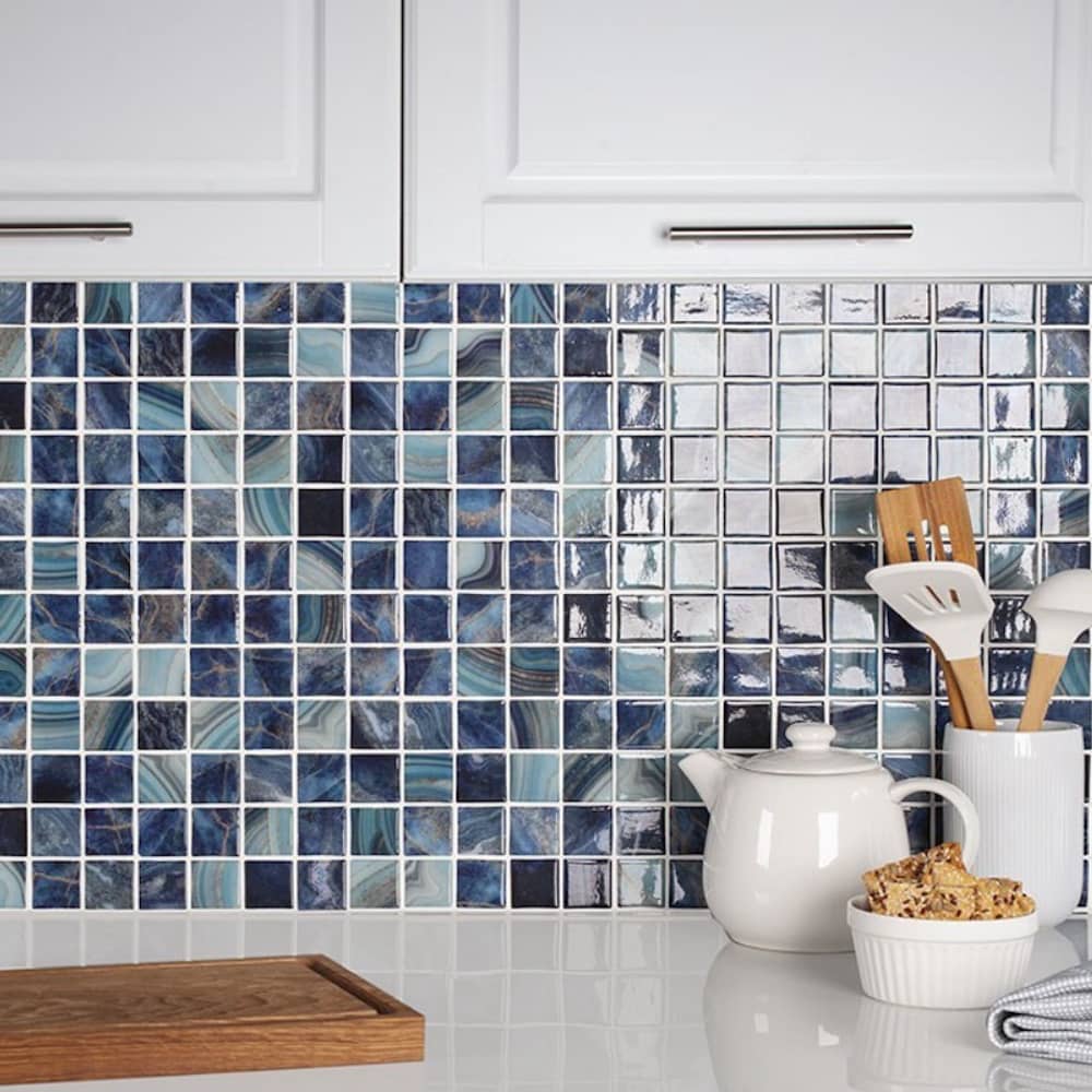 Kitchen renderings showing glass mosaic