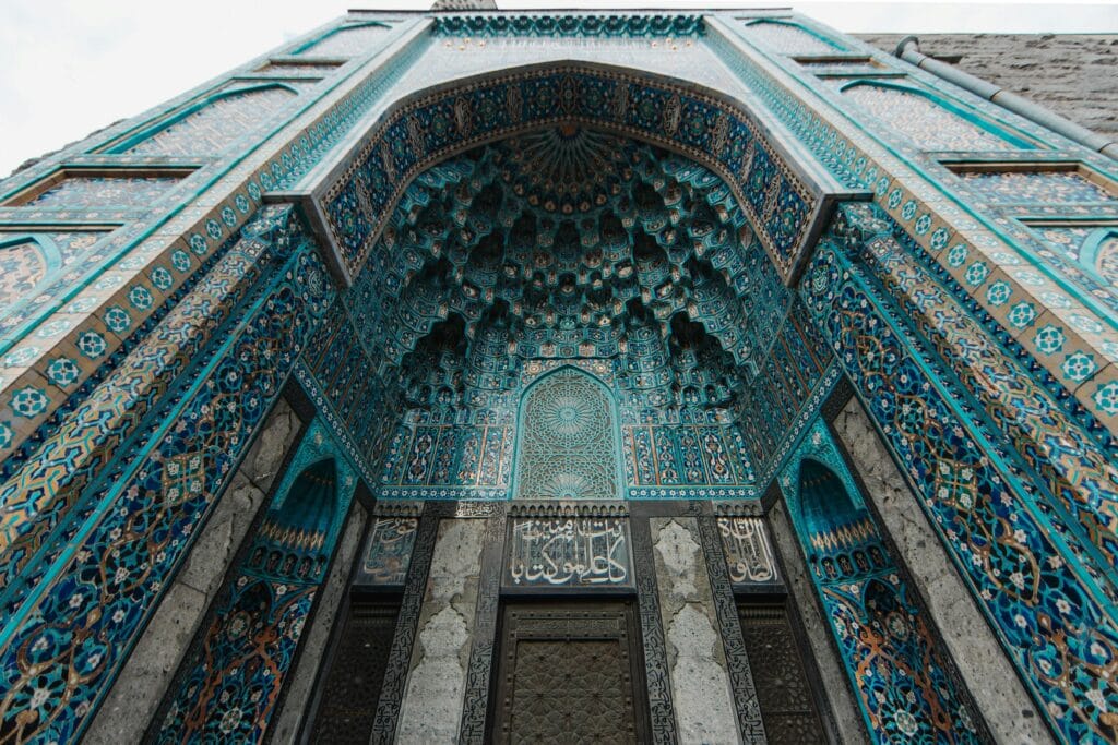 Low angle view of an intricately designed mosque facade in Saint Petersburg, emphasizing its historic and cultural significance.
