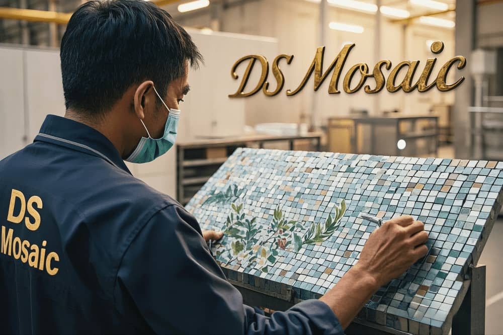 Worker is carving mosaic tiles