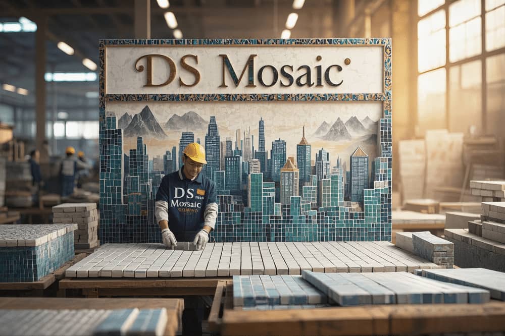 Worker is carving mosaic tiles