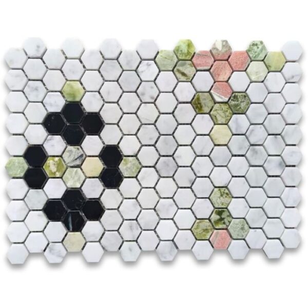 c31f79xp-carrara-white-marble-1-inch-hexagon-starlight-mosaic-tile-w-norwegian-rose-pink-polished